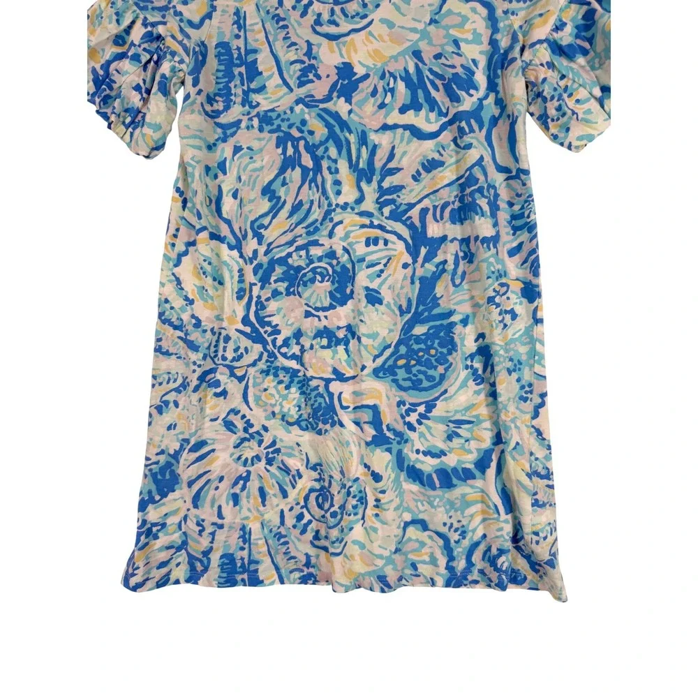 Lilly Pulitzer Dress Kids XL 12-14 Blue White Seashell Print Ruffle Sleeve 29157
